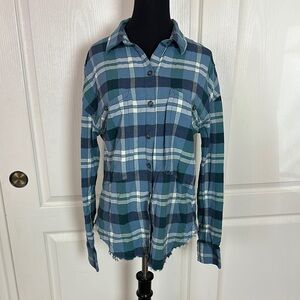 FREE PEOPLE BLUE GREEN PLAID FLANNEL BUTTON UP LONG SLEEVE
